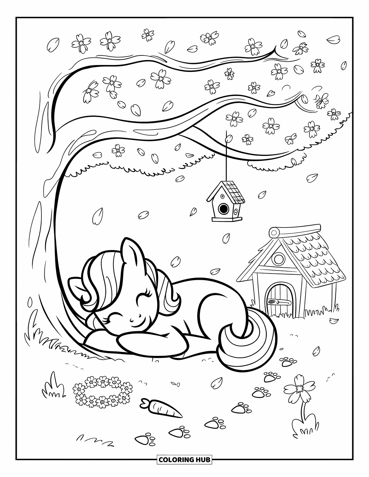 Pony Ausmalbild für Erwachsene: Ein Pony ruht unter Kirschblüten mit einer Krone, Karotte und Stallfußabdrücken in der Nähe