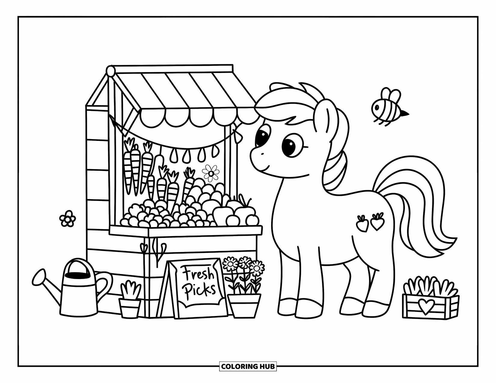 Pony Ausmalbild für Erwachsene: Ein Pony steht in der Nähe eines niedlichen Standes voller Gemüse, Blumen und Gartenartikeln