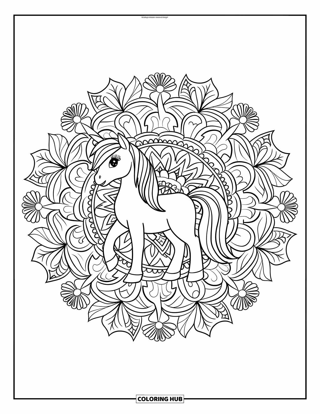 Pony Ausmalbild für Erwachsene: Ein Pony steht in einem blättrigen Mandala auf einem sauberen weißen Hintergrund