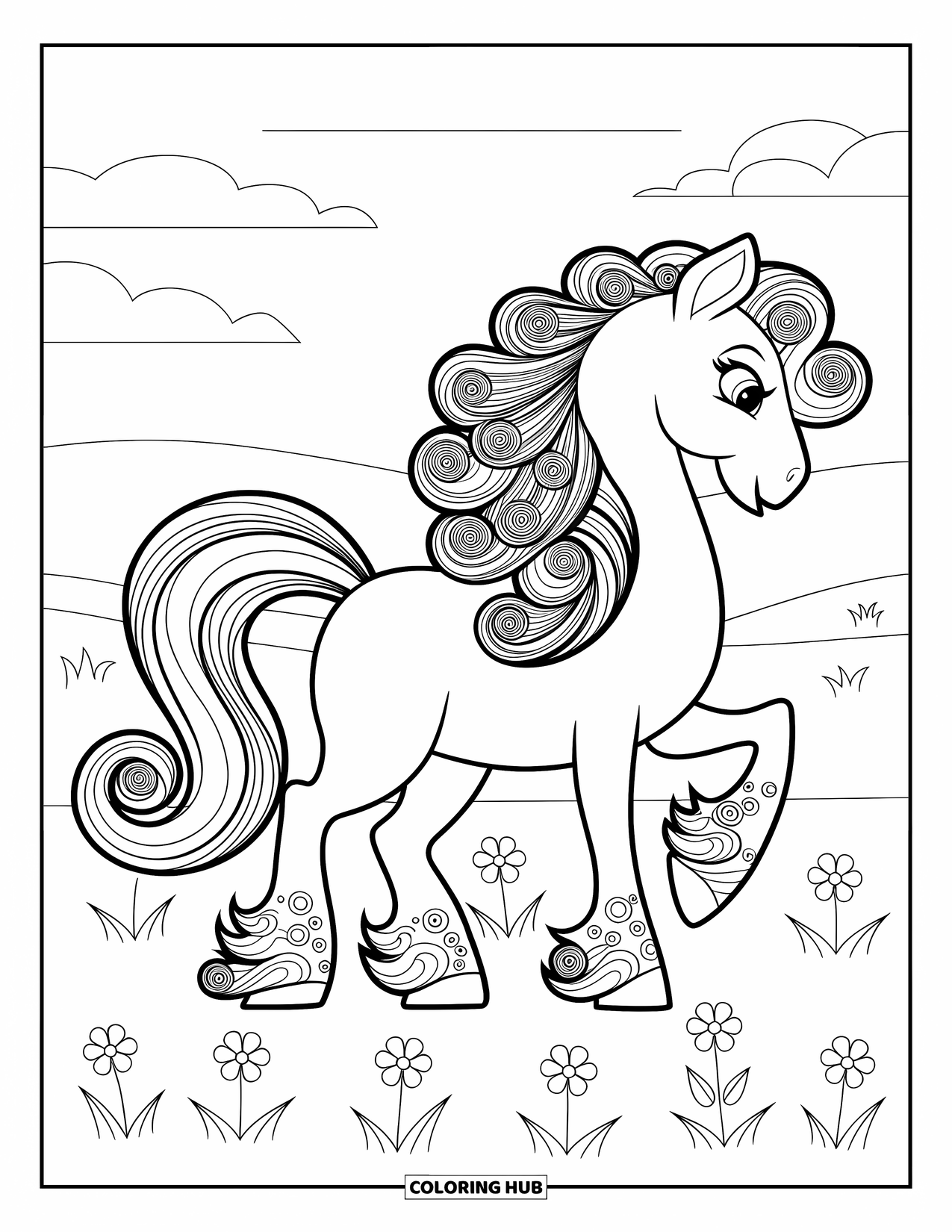 Pony Ausmalbild für Erwachsene: Ein Pony mit schwarzer Mähne steht auf einem Blumenfeld unter klarem Himmel