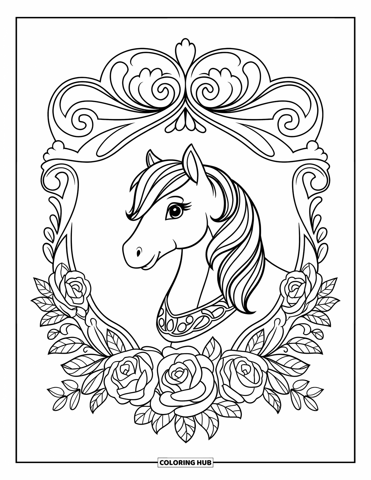 Pony Ausmalbild für Erwachsene: Ein Pony mit einem Halsband wird von Rosen, Ranken und wirbelnden Details umrahmt