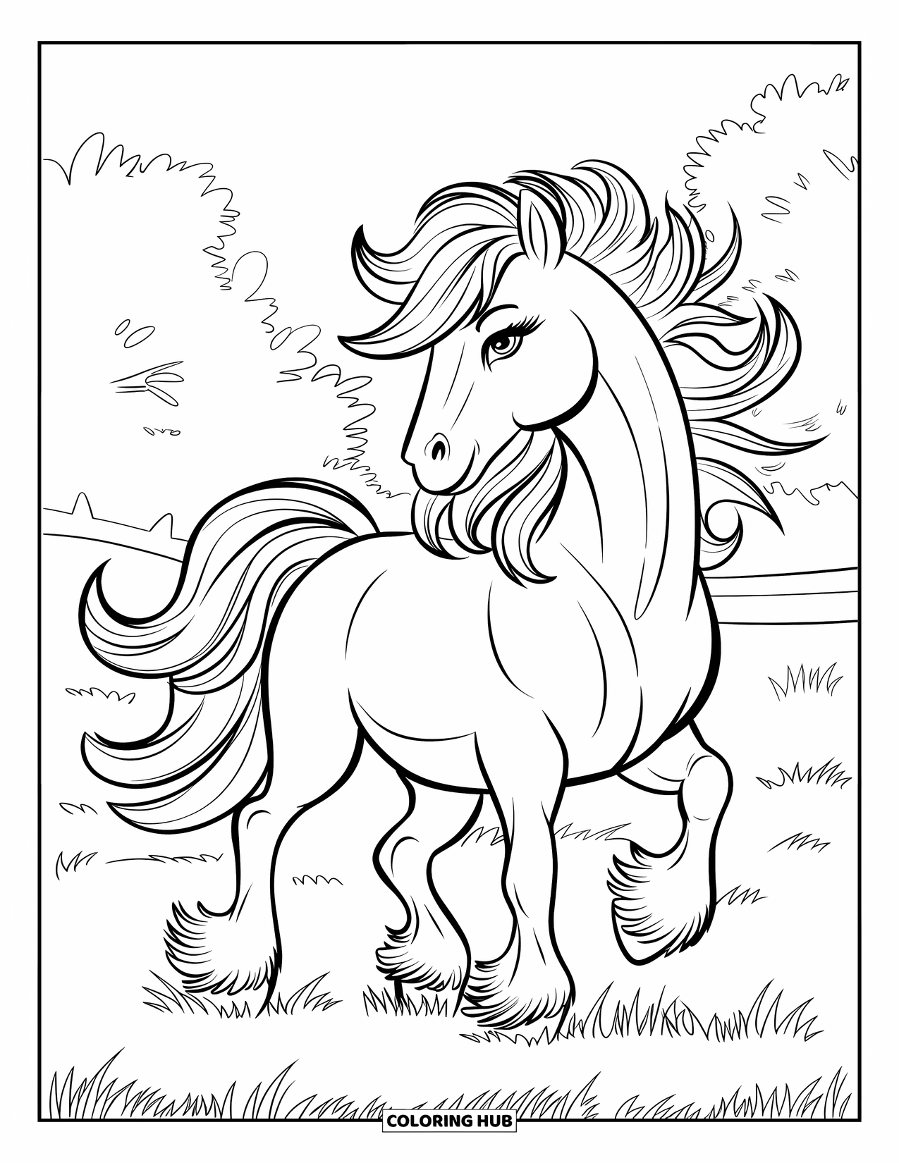 Pony Ausmalbild für Erwachsene: Ein Pony mit einer abstrakten Mähne steht auf einem grasbewachsenen Feld mit Bäumen dahinter