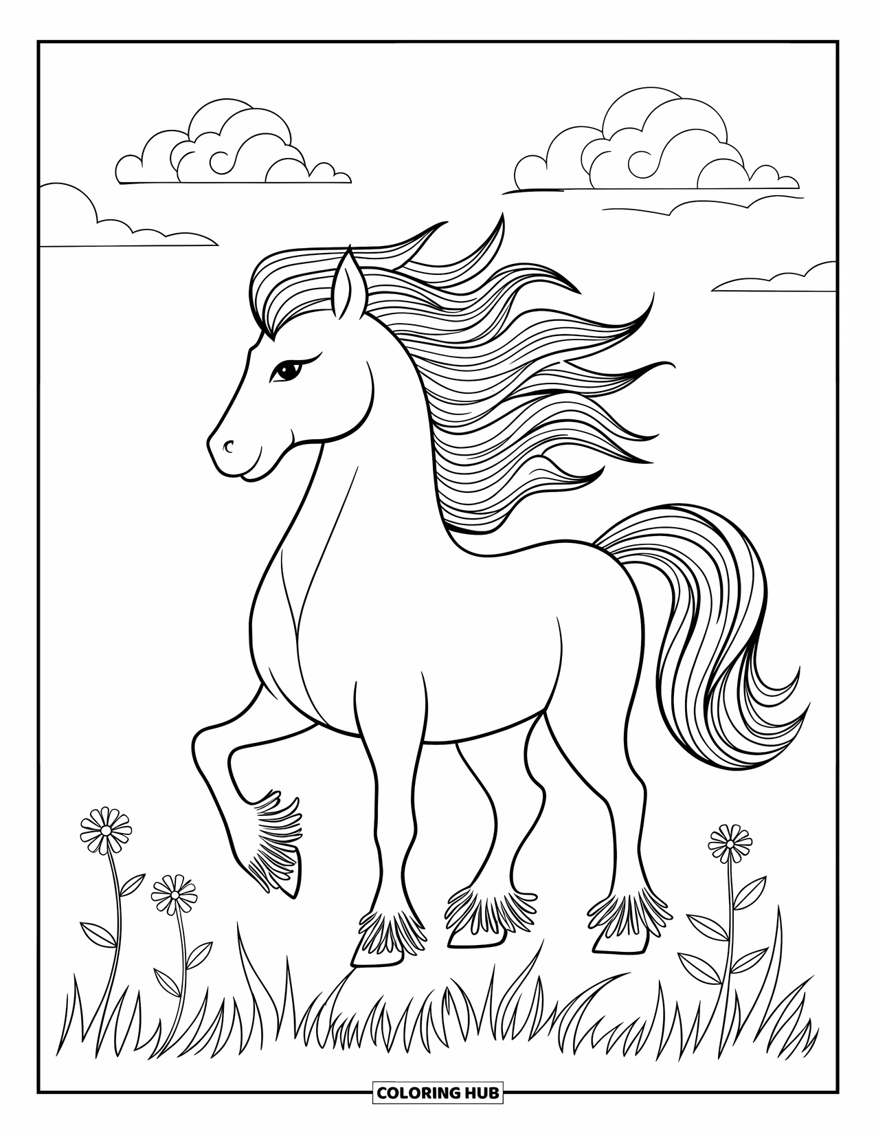 Pony Ausmalbild für Erwachsene: Ein Pony mit fließenden Linien steht auf einem friedlichen Feld mit Wildblumen