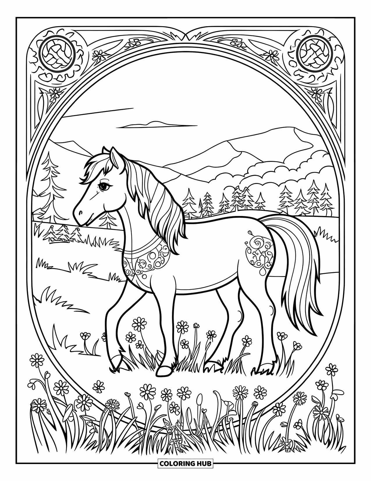 Pony Ausmalbild für Erwachsene: Ein Pony mit verzierten Mustern steht auf einer Wiese mit Bergen und Himmel