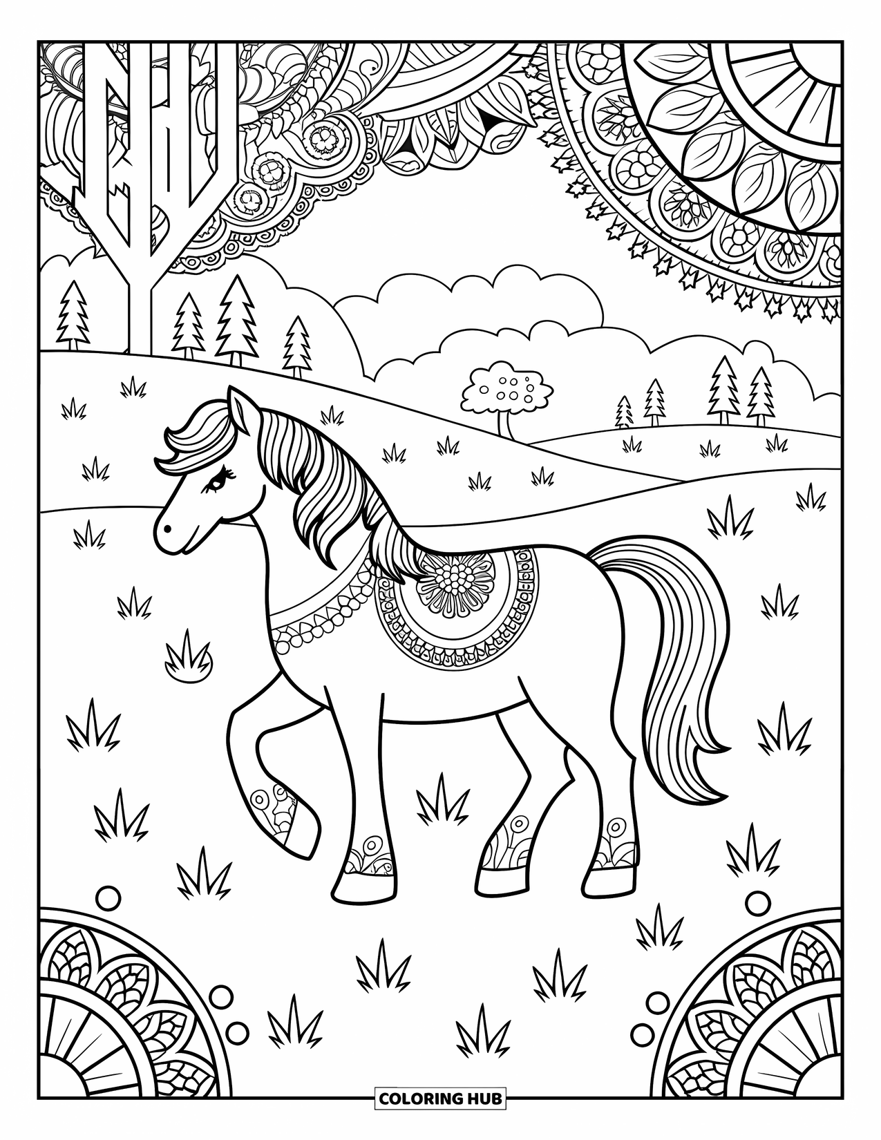 Pony Ausmalbild für Erwachsene: Ein Pony mit Mustern steht an einem Hügel und Bäumen in einer blumengefüllten Wiese