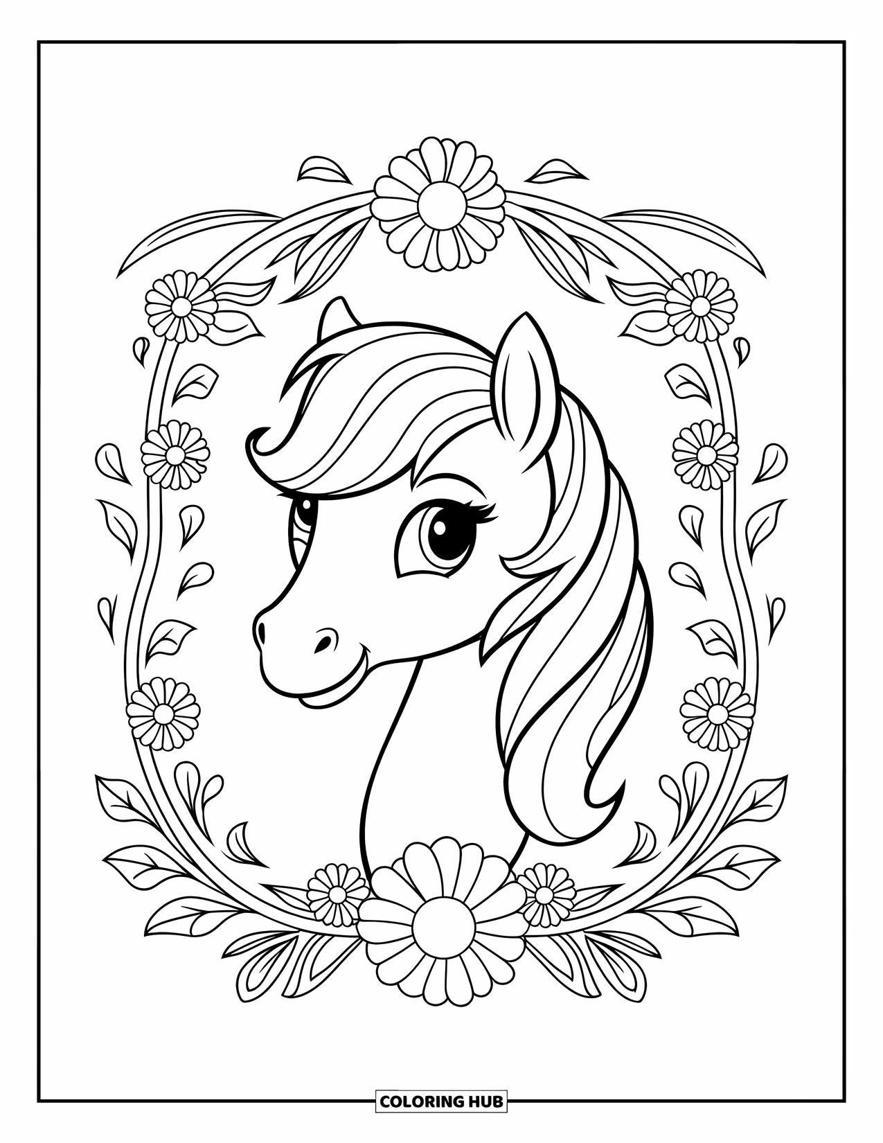 Pony Ausmalbild für Erwachsene: Der Kopf eines Ponys wird von Blumen, Blättern und anmutigen Wirbeln umrahmt