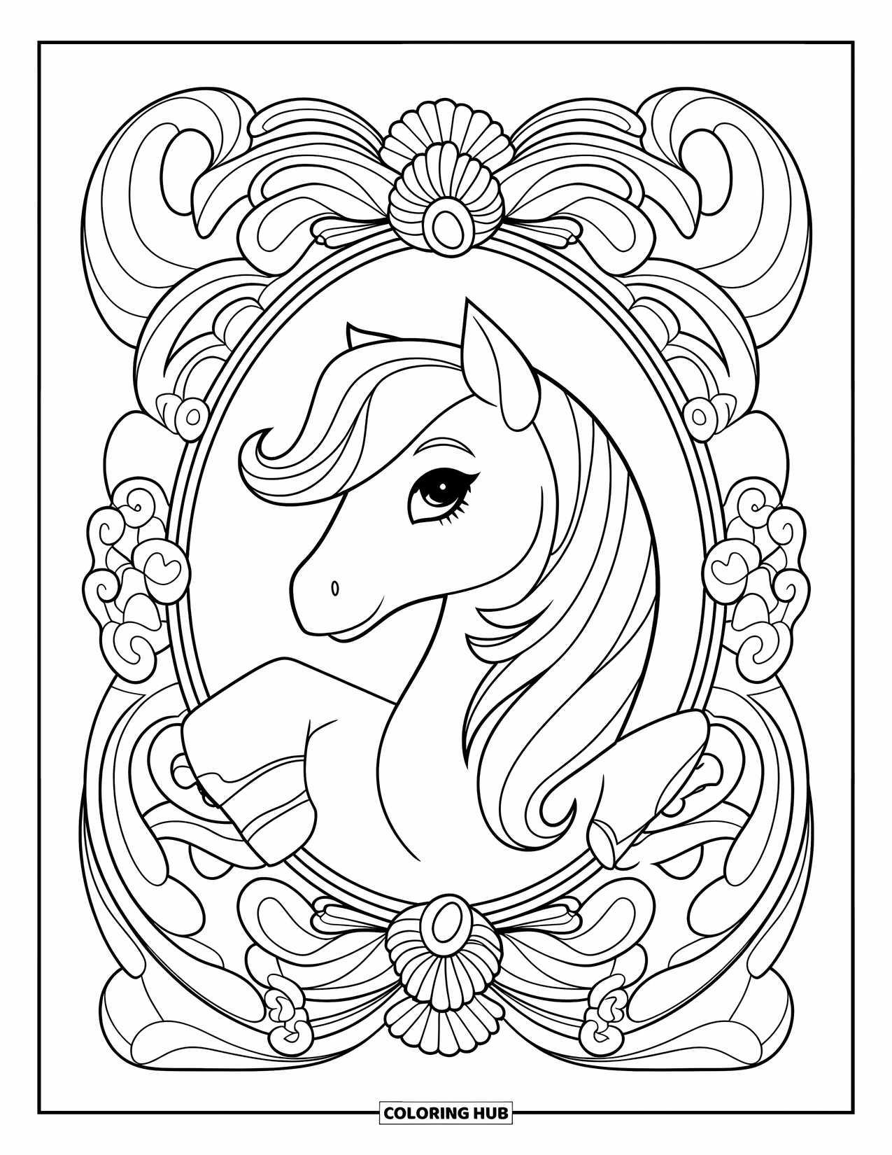 Pony Ausmalbild für Erwachsene: Der Kopf eines Ponys befindet sich in einem floralen Rahmen voller eleganter Wirbel und Details