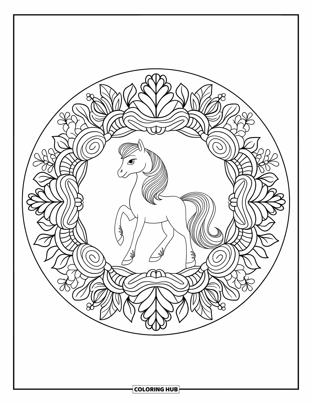 Pony Ausmalbild für Erwachsene: Ein stolzes Pony steht in einem detaillierten kreisförmigen floralen Mandala