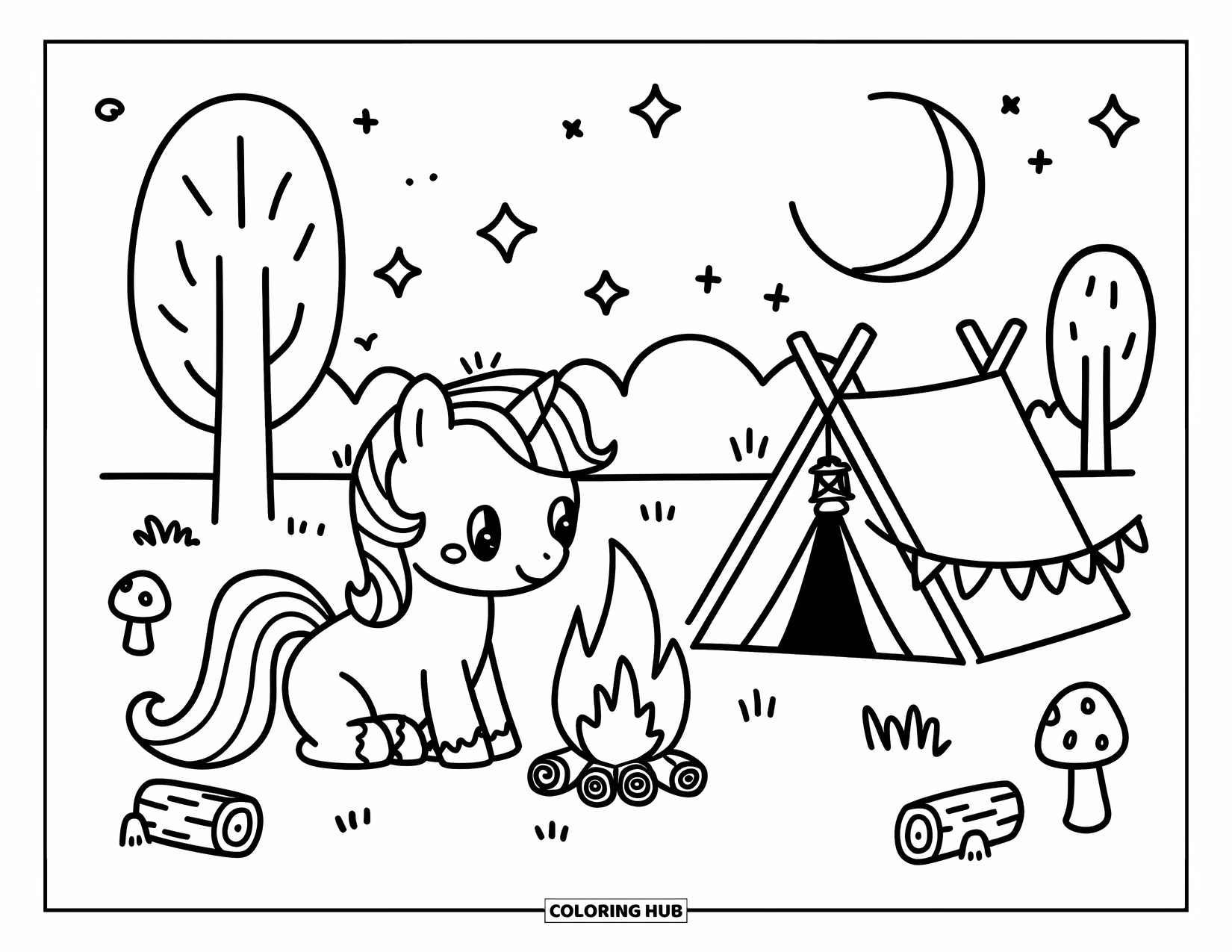 Pony Ausmalbild für Erwachsene: Ein süßes Pony genießt ein Lagerfeuer unter Sternen neben einem mit Wimpeln geschmückten Zelt