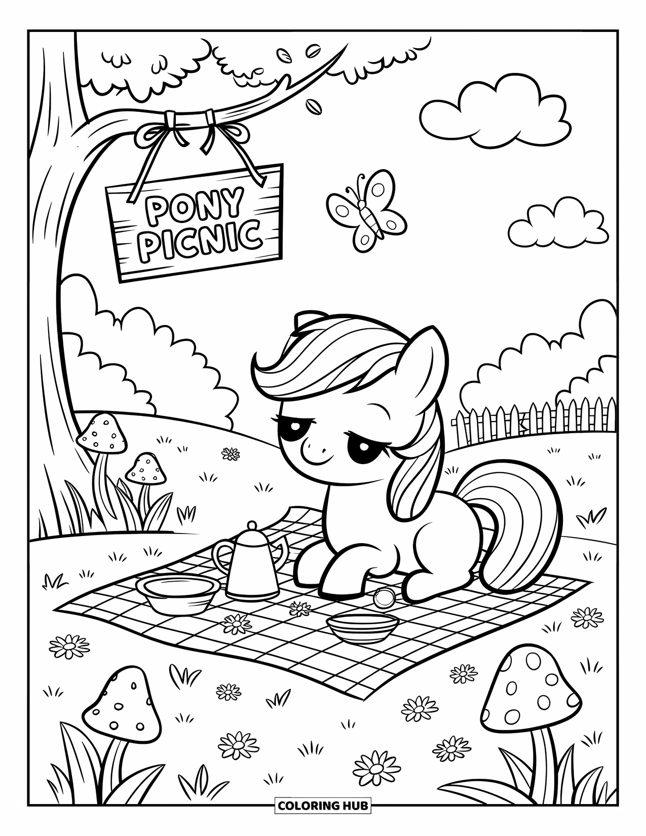 Pony Ausmalbild für Erwachsene: Ein süßes Pony macht ein Picknick unter weichen Wolken mit Tee, Leckereien und Pilzen