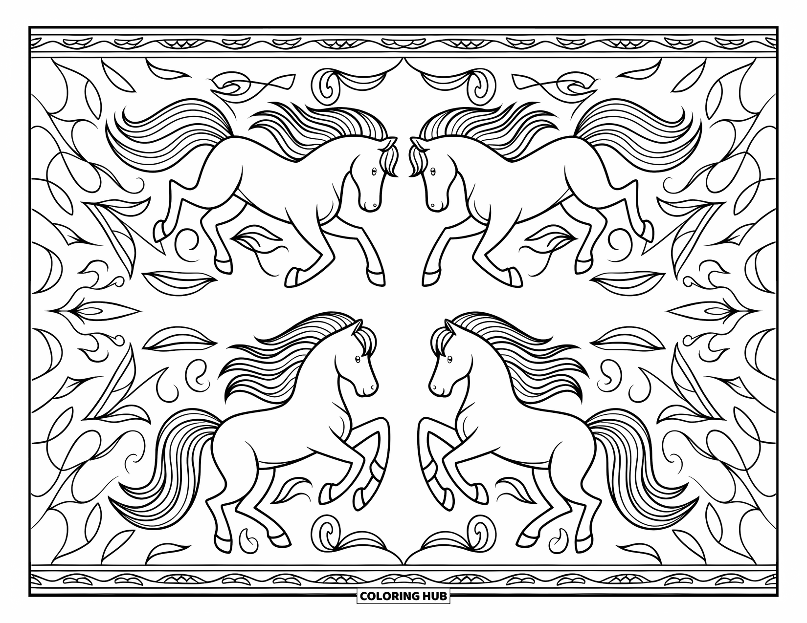 Pony Ausmalbild für Erwachsene: Vier anmutige Ponys tänzeln im Kreis mit wirbelnden Ranken und Blättern