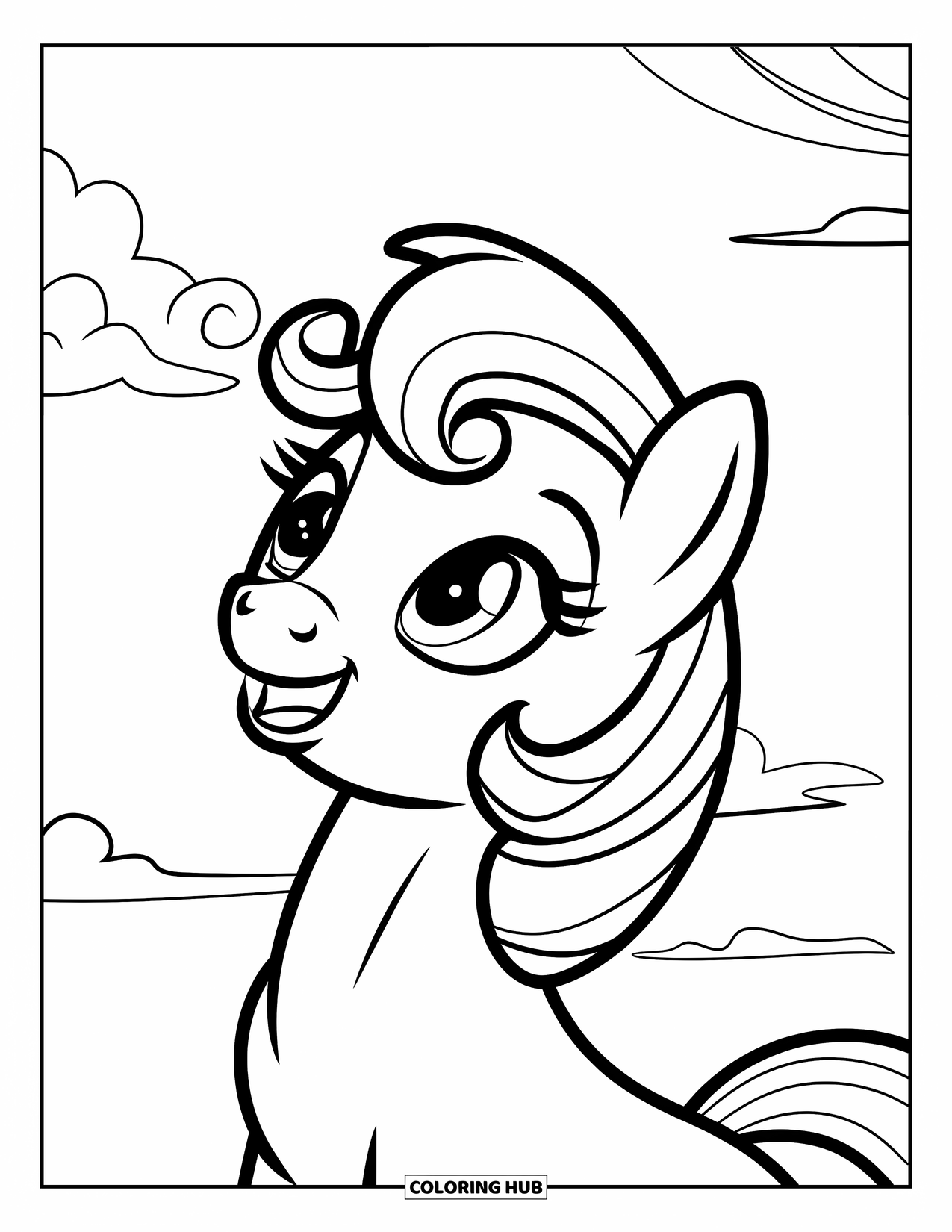 Pony Ausmalbild für Kinder: Ein Pony mit großen Augen und einem runden Gesicht blickt zum Himmel und zu den Wolken auf