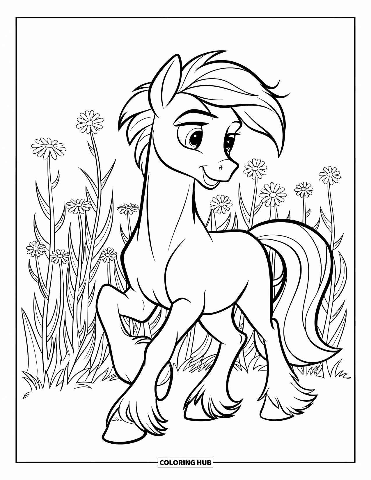 Pony Ausmalbild für Kinder: Ein Pony mit wehender Mähne geht durch ein sonniges Feld voller hoher Blumen