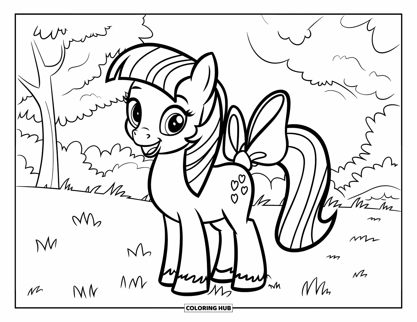 Pony Ausmalbild für Kinder: Ein fröhliches Pony steht auf Gras mit einer großen Schleife an seinem Schwanz