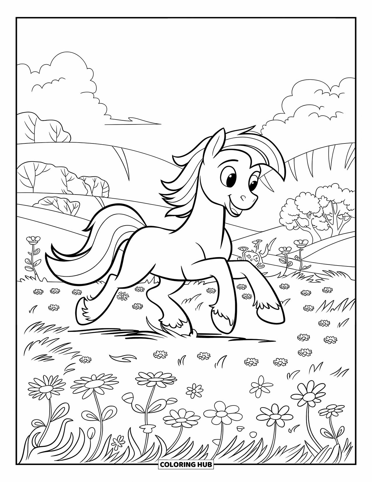 Pony Ausmalbild für Kinder: Ein fröhliches Pony mit einem roten Sattel rennt durch eine Blumenwiese