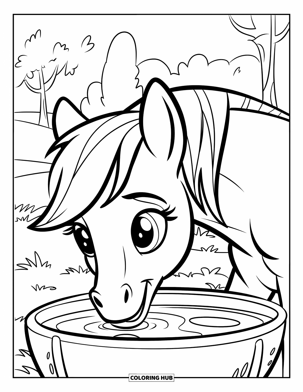 Pony Ausmalbild für Kinder: Ein fröhliches Pony mit großen Augen trinkt aus einem Trog in der Nähe einiger Bäume