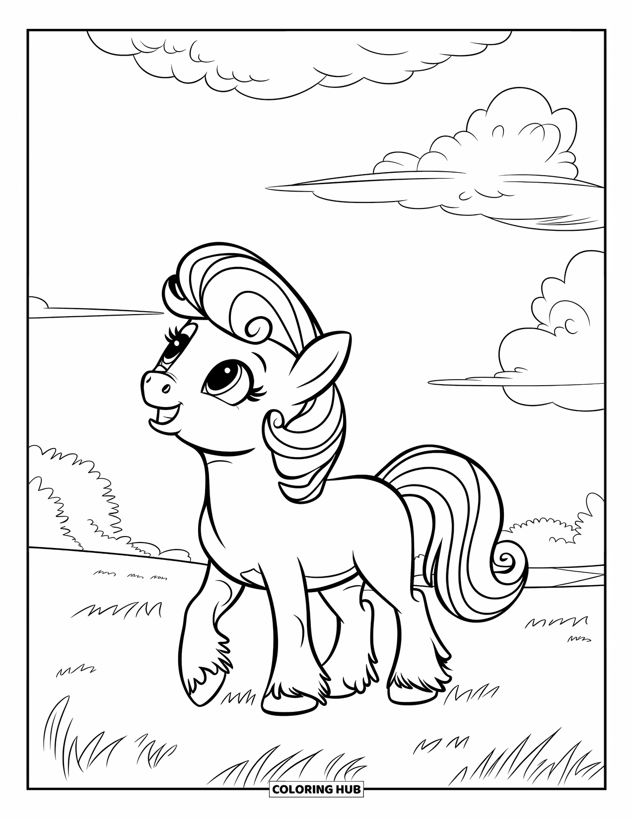 Pony Ausmalbild für Kinder: Ein Pony mit lockiger Mähne blickt zum Himmel auf, während es auf einem grasbewachsenen Feld steht