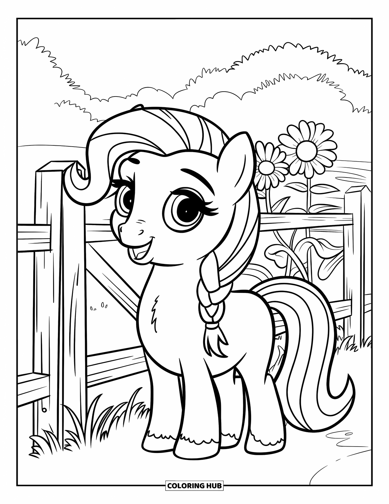 Pony Ausmalbild für Kinder: Ein süßes Pony mit einer Glocke und einem Zopf steht an einem Zaun aus Sonnenblumen