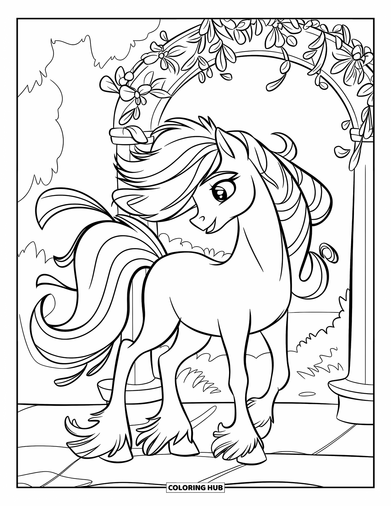 Pony Ausmalbild für Kinder: Ein Pony mit wallender Mähne und Bändern steht in der Nähe eines blumenbedeckten Bogens in einem Grünbereich
