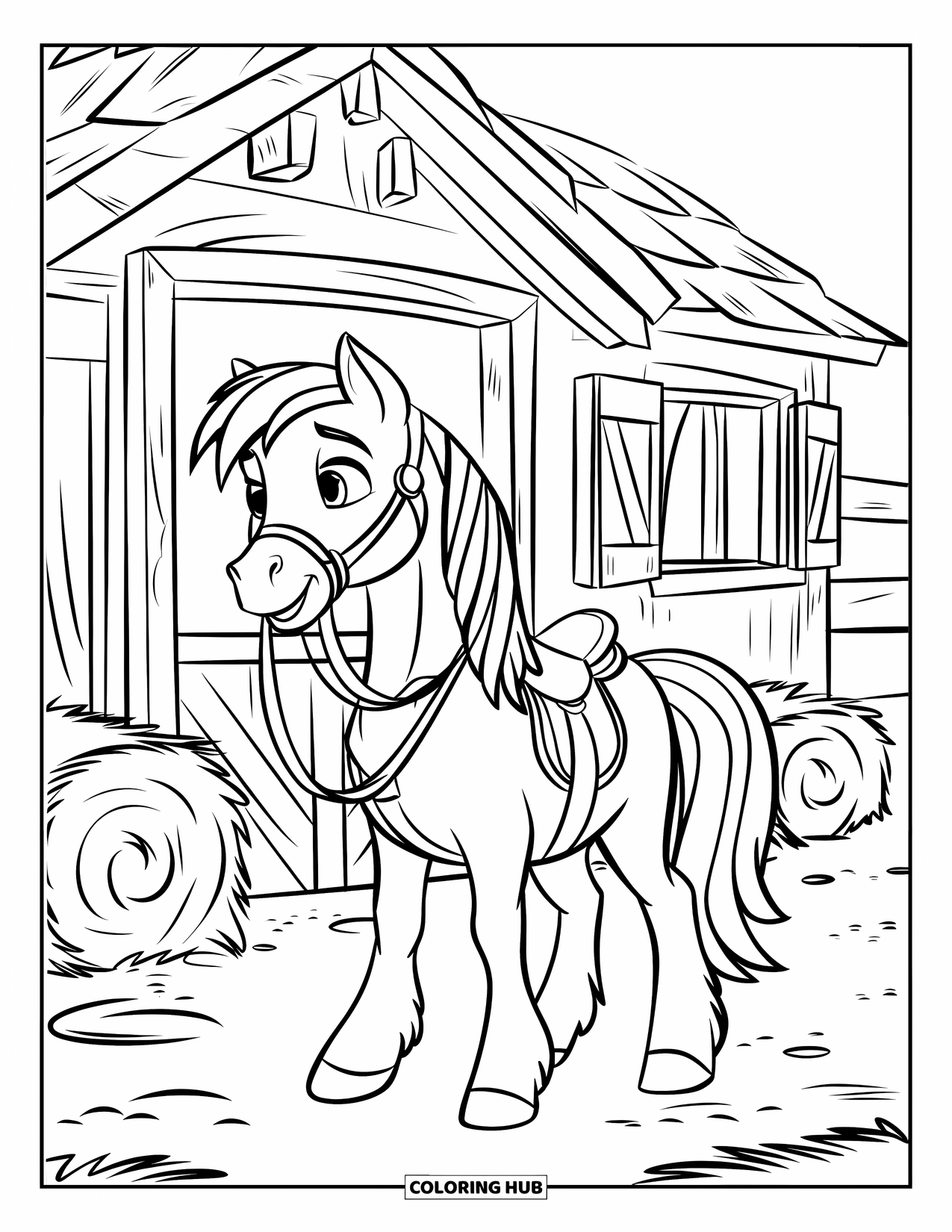 Pony Ausmalbild für Kinder: Ein freundliches Pony in einem Sattel steht in der Nähe eines gemütlichen Holzstalls