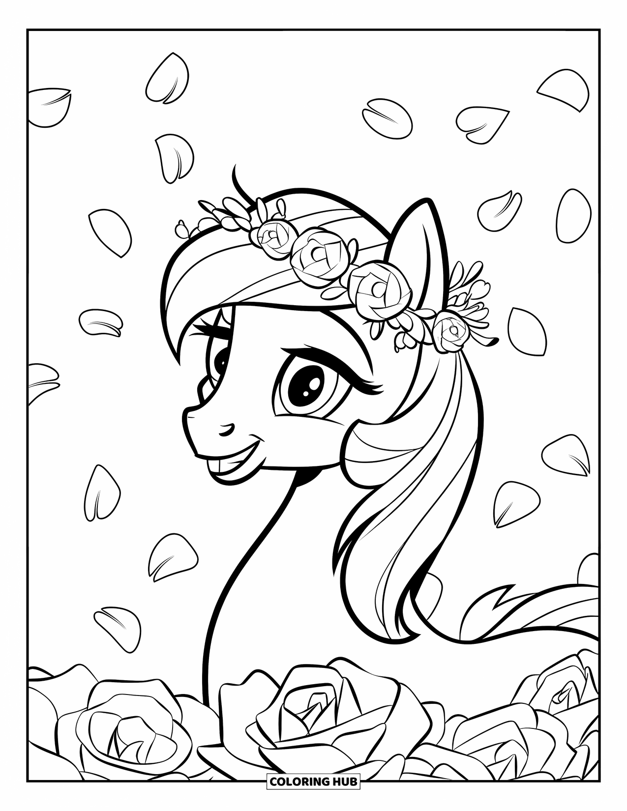 Pony Ausmalbild für Kinder: Ein sanftes Pony mit einem Blumenkranz wirkt friedlich zwischen fallenden Rosenblättern