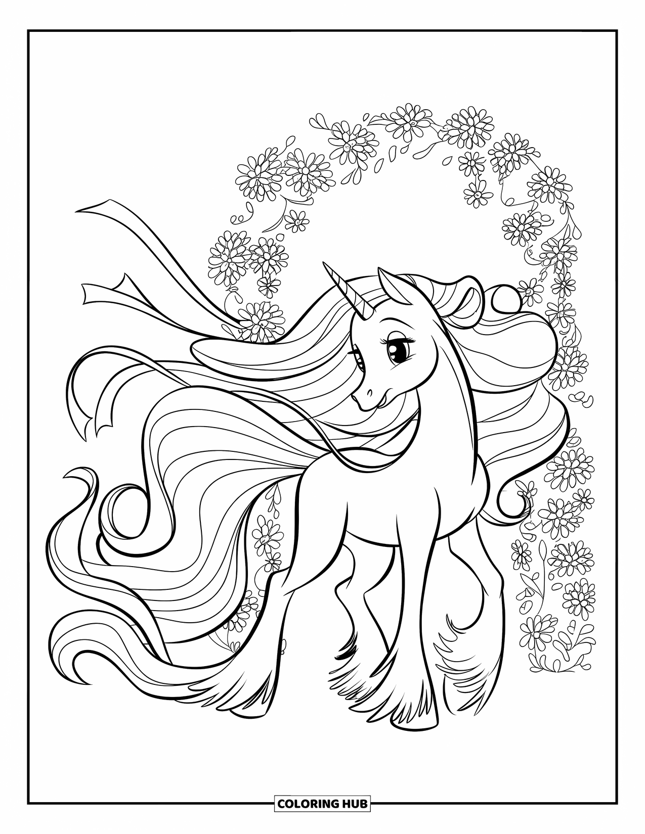 Pony Ausmalbild für Kinder: Ein anmutiges Pony mit Bändern in der Mähne steht in der Nähe eines blühenden Blumenbogens