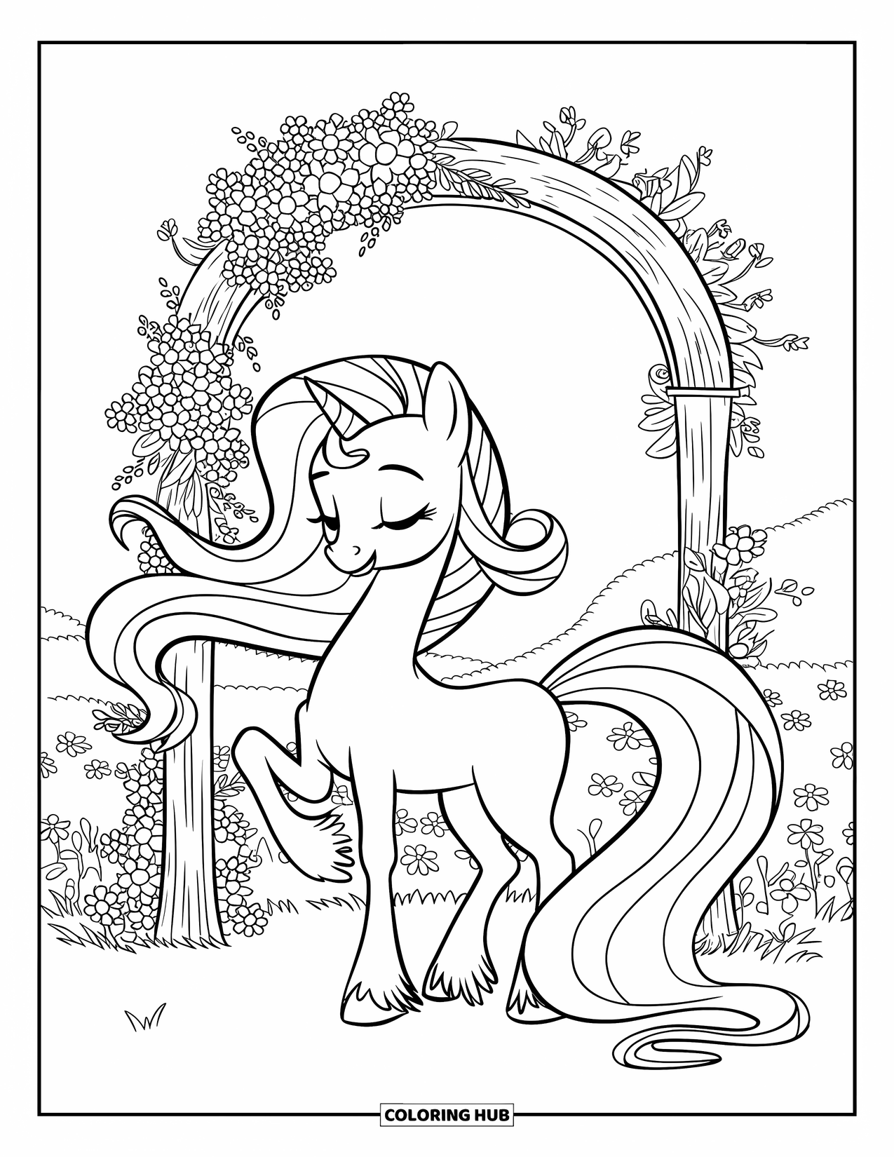 Pony Ausmalbild für Kinder: Ein friedliches Pony mit einer welligen Mähne ruht in der Nähe eines rustikalen Blumenbogens auf einer Wiese