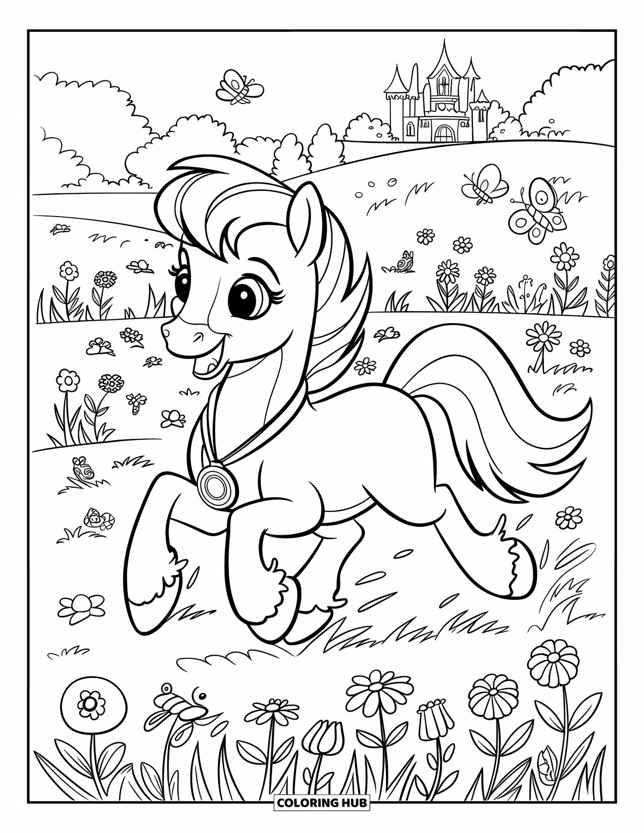 Pony Ausmalbild für Kinder: Ein verspieltes Pony mit einer Medaille galoppiert über eine mit Blumen gefüllte Wiese