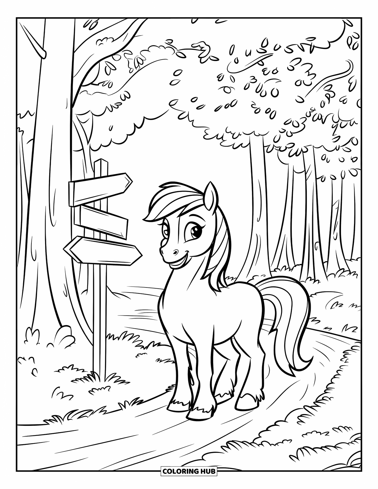 Pony Ausmalbild für Kinder: Ein Pony mit einem Zaumzeug steht neben einem Wegweiser entlang eines bewaldeten Pfades