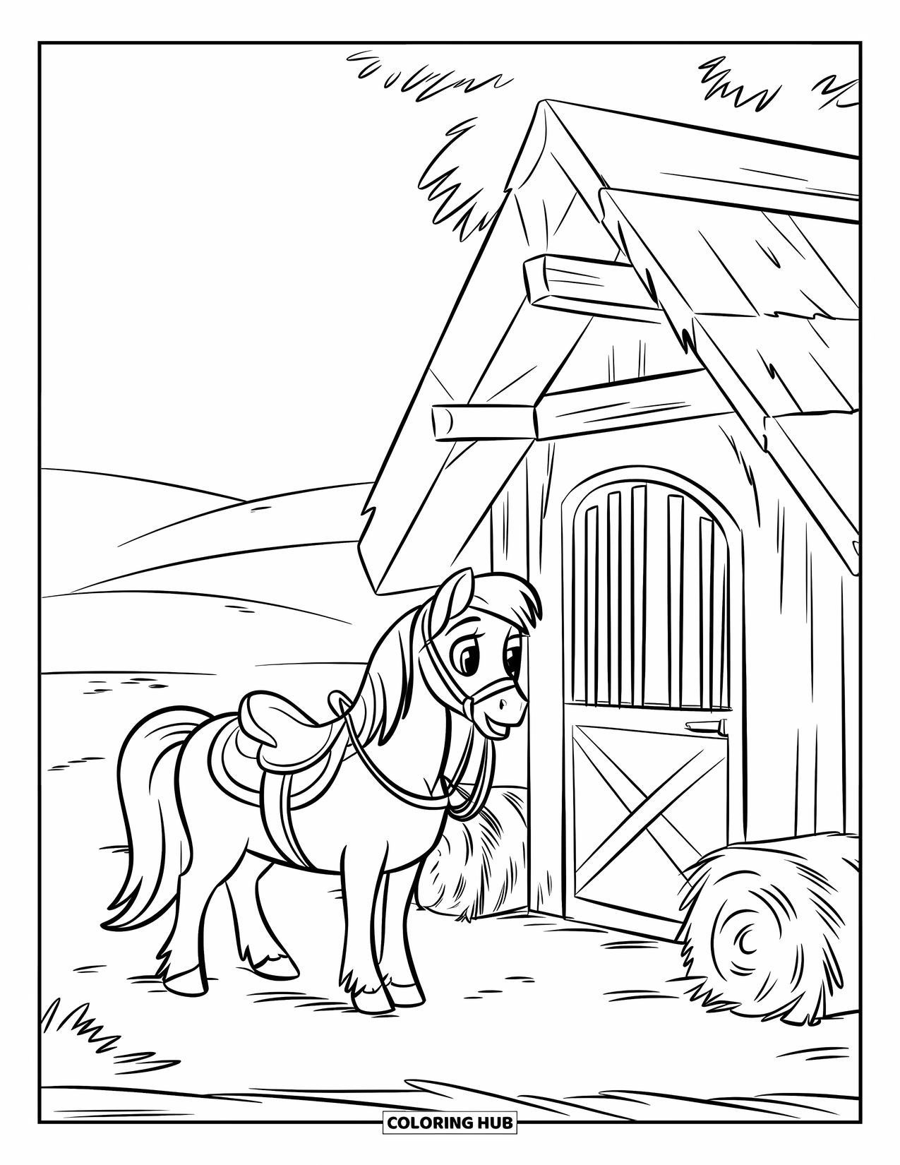 Pony Ausmalbild für Kinder: Ein Pony in einem Sattel steht neben einem Stall mit Heu und sanften Hügeln
