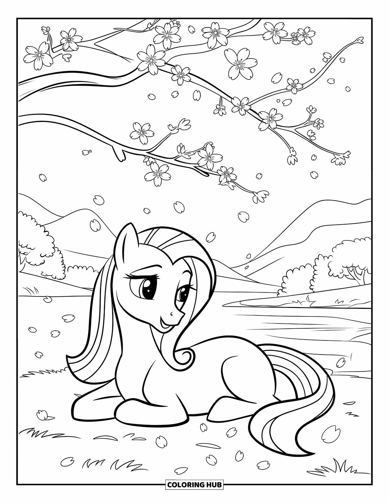 Pony Ausmalbild für Kinder: Ein Pony entspannt sich unter einem Kirschblütenbaum neben Wasser, Bergen und Bäumen