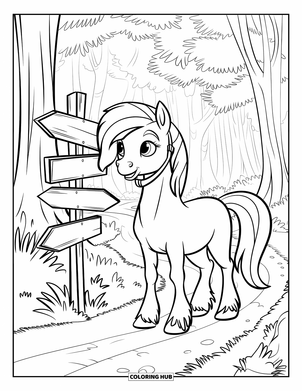 Pony Ausmalbild für Kinder: Ein Pony steht neben einem Waldwegweiser mit Pfeilen, die in verschiedene Richtungen zeigen