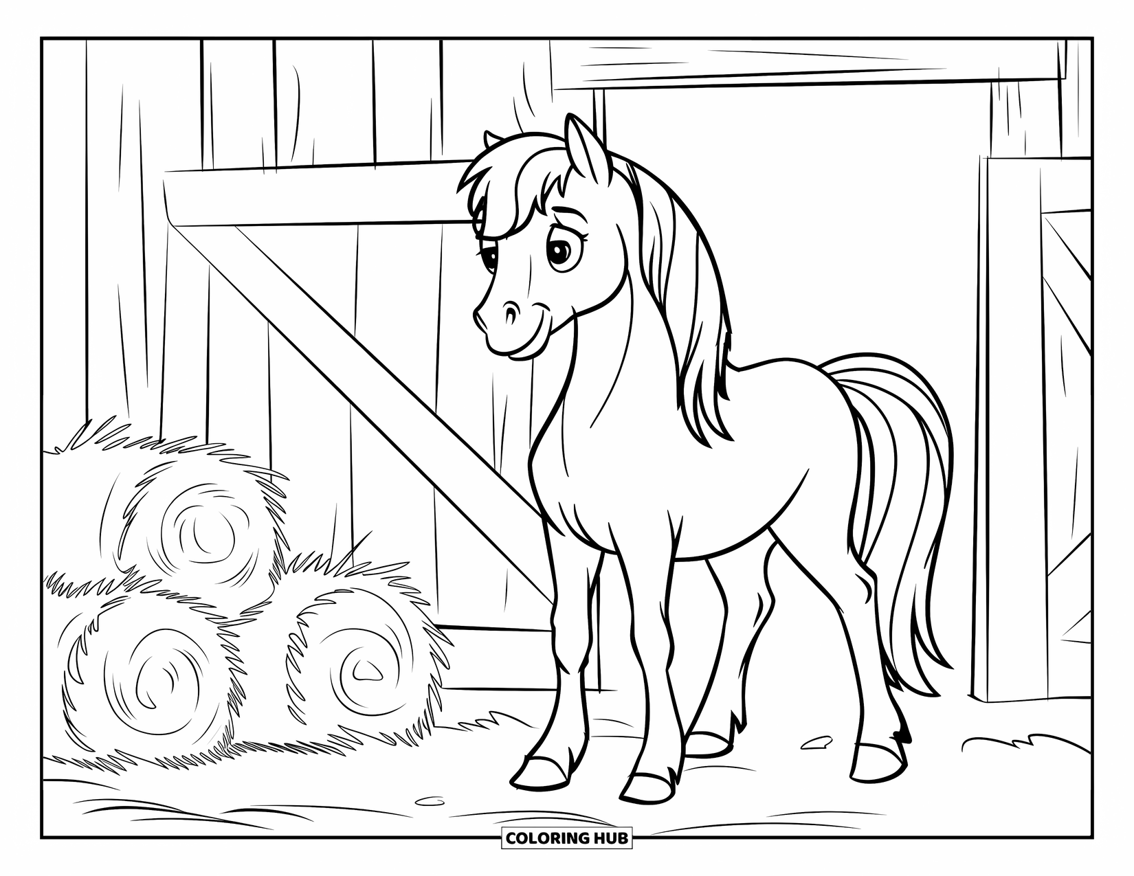 Pony Ausmalbild für Kinder: Ein Pony steht in einer Scheunentür neben einigen Heuballen