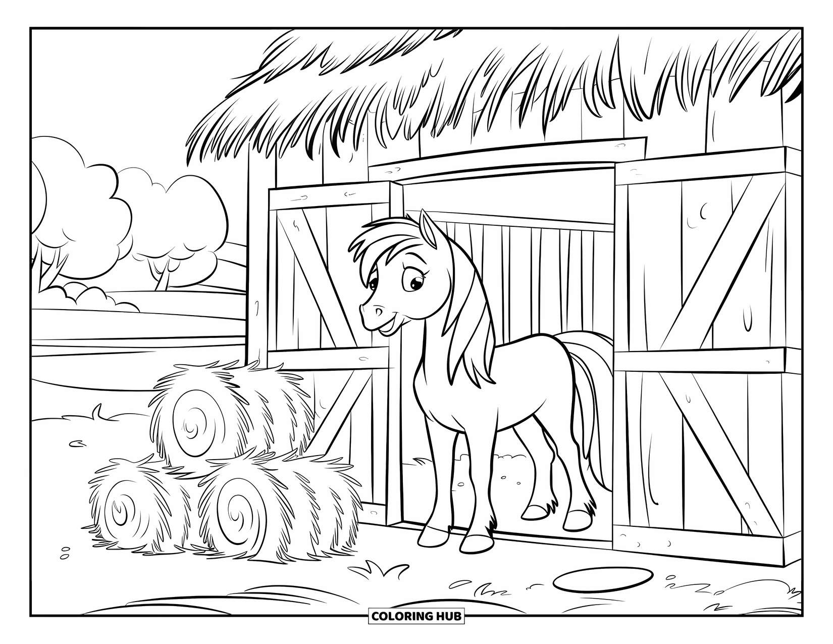 Pony Ausmalbild für Kinder: Ein Pony steht in einer Scheunentür mit einem friedlichen Blick dahinter