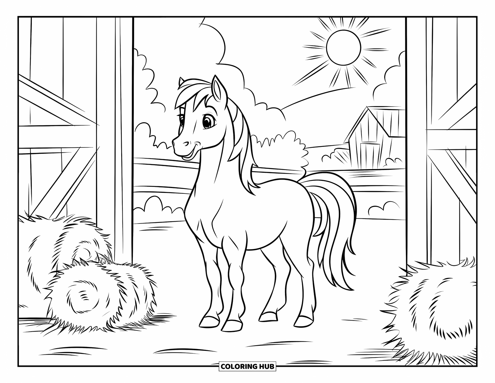 Pony Ausmalbild für Kinder: Ein Pony steht in einer Scheunentür mit Heu und Bäumen draußen