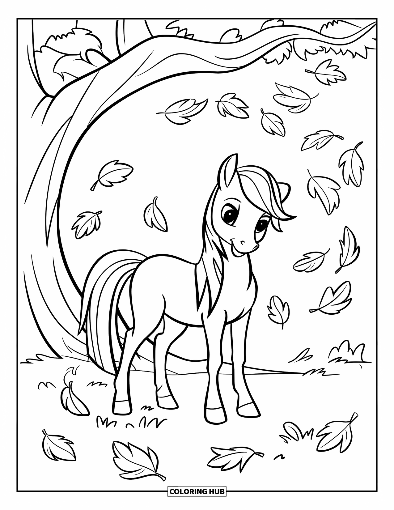 Pony Ausmalbild für Kinder: Ein Pony steht unter einem großen Baum, während Blätter sanft um es herum fallen