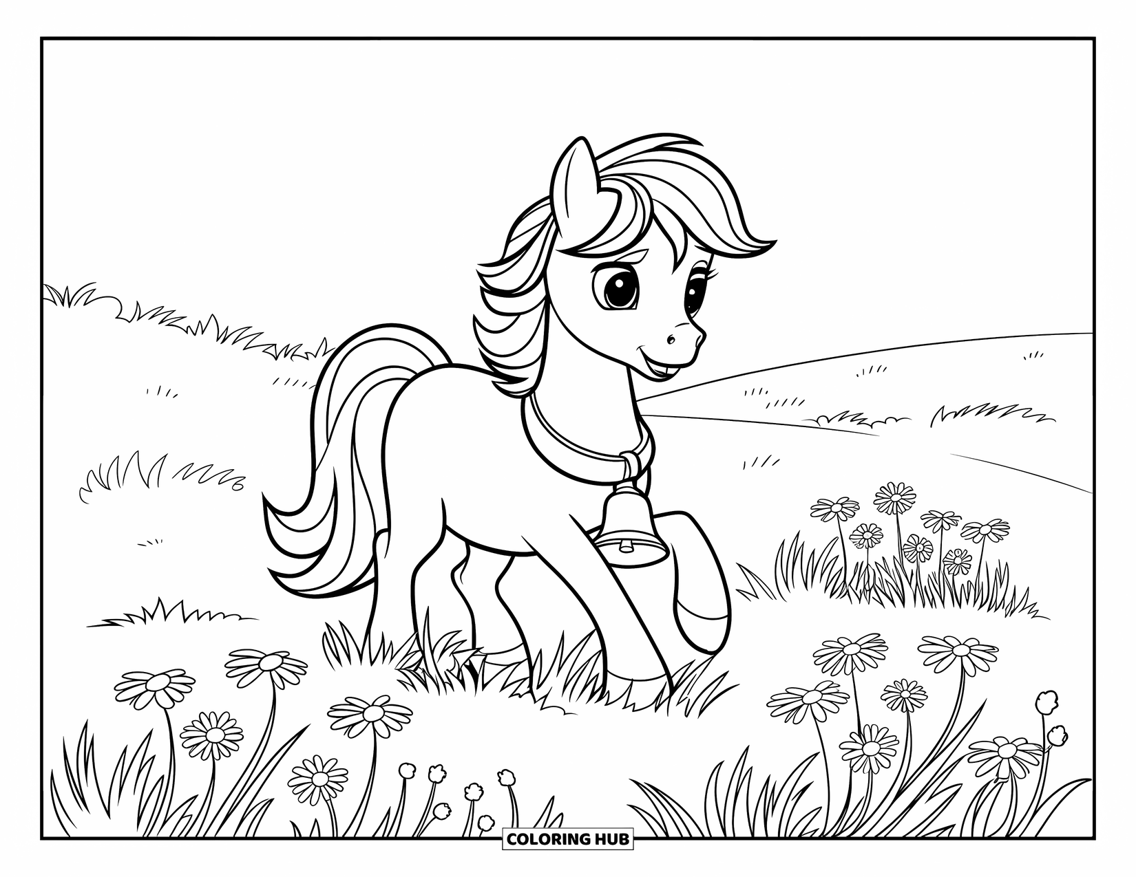 Pony Ausmalbild für Kinder: Ein Pony mit einer Glocke um den Hals schlendert durch ein sonniges, mit Gänseblümchen gefülltes Feld