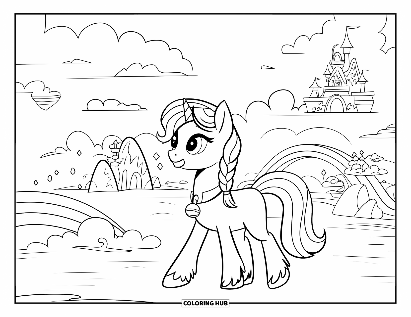 Pony Ausmalbild für Kinder: Ein Pony mit einem Glockenhalsband und einer Schultasche geht an schwebenden Inseln und einem Schloss im Himmel vorbei