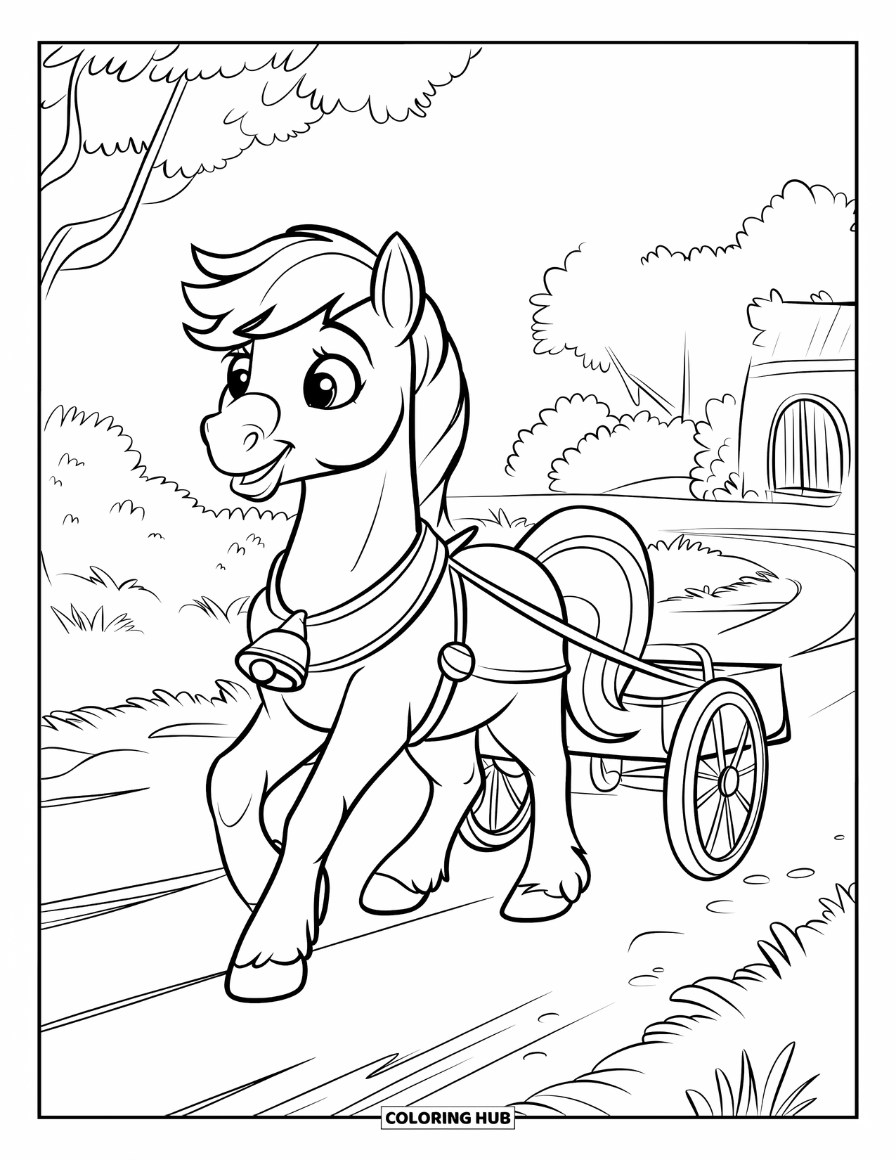 Pony Ausmalbild für Kinder: Ein Pony mit einer Glocke zieht einen winzigen Wagen eine ruhige unbefestigte Straße hinunter