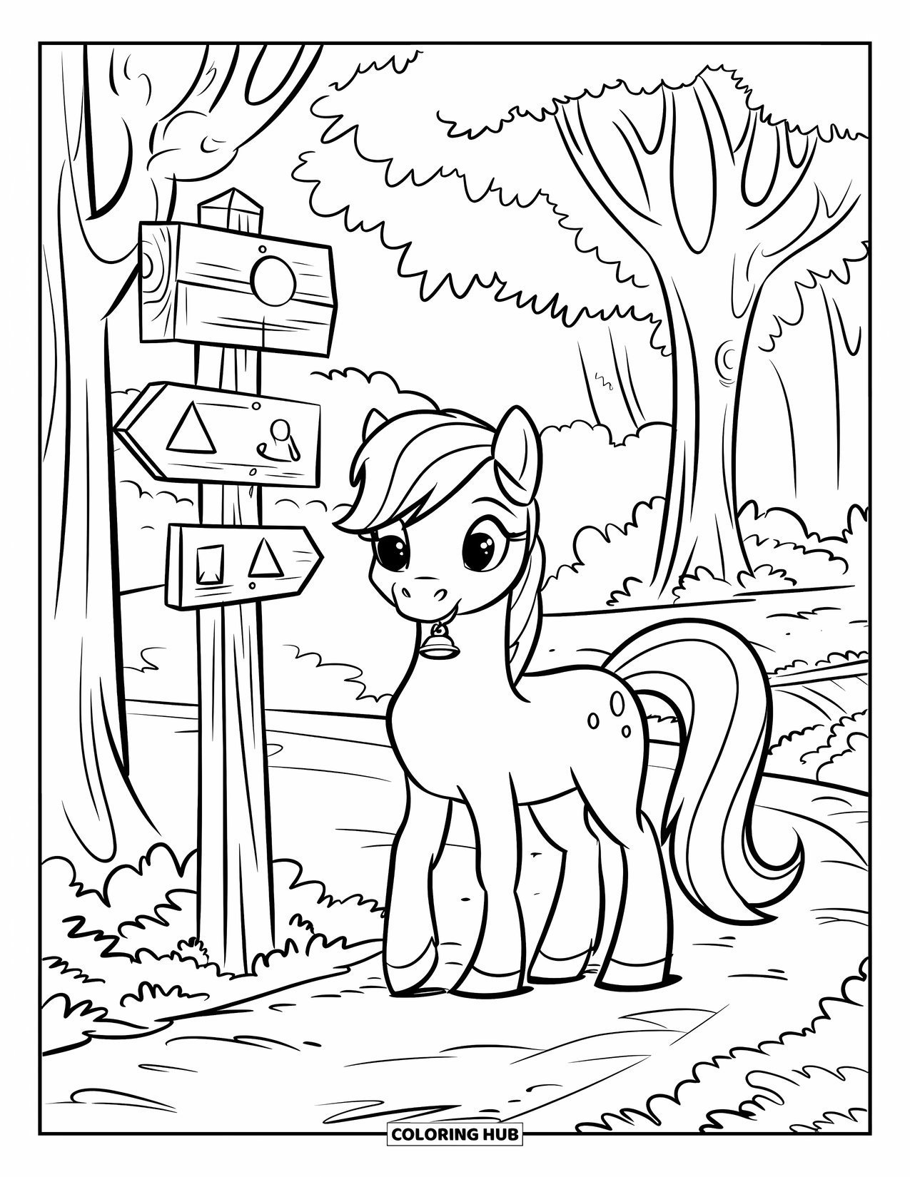 Pony Ausmalbild für Kinder: Ein Pony mit einer Glocke steht neben einem Wegweiser in einem blätterbedeckten Wald
