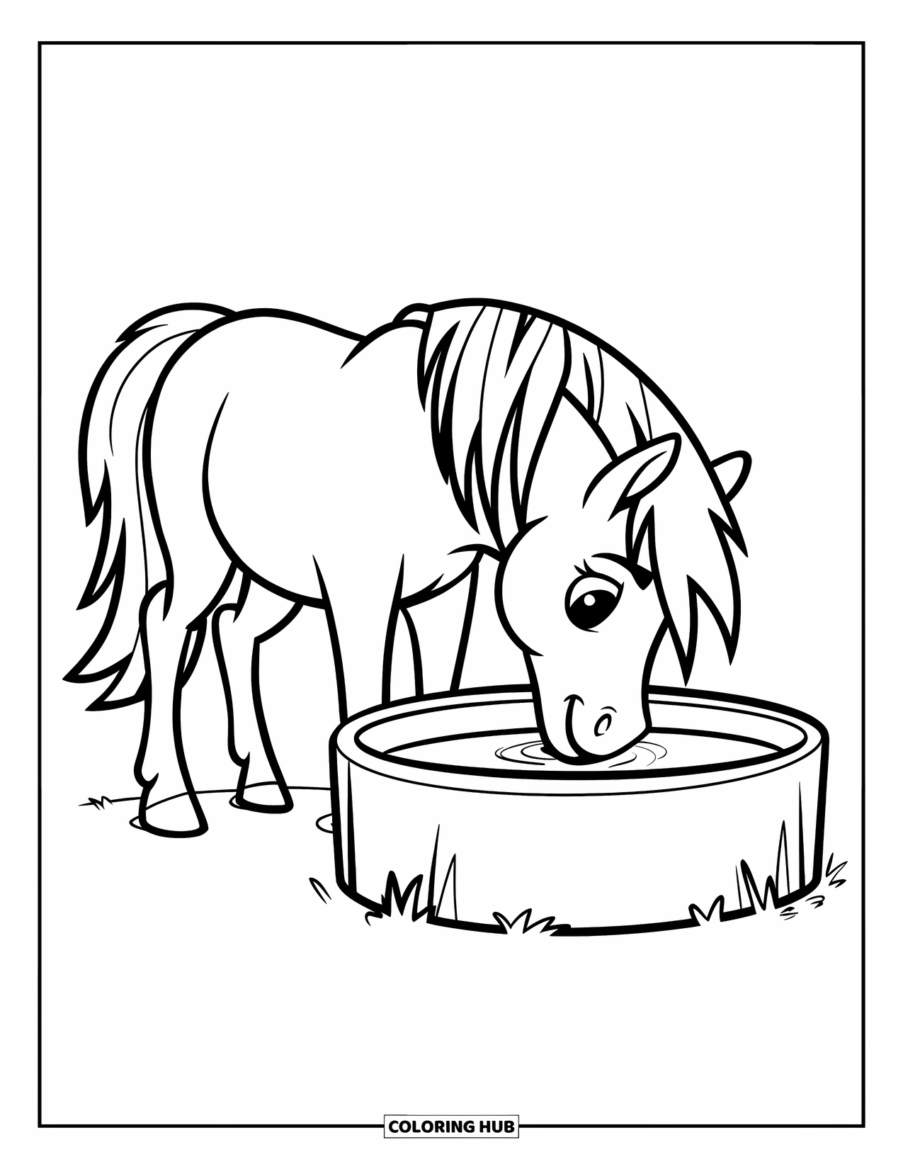 Pony Ausmalbild für Kinder: Ein Pony mit einer schwarzen Mähne trinkt Wasser aus einem kleinen Trog auf freiem Feld