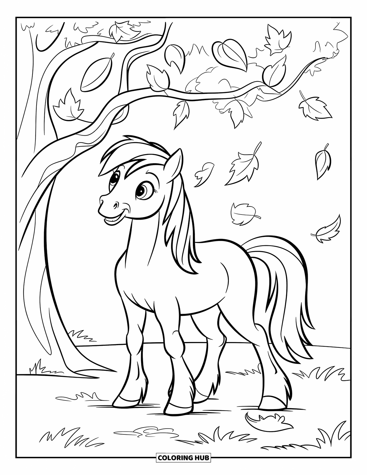 Pony Ausmalbild für Kinder: Ein Pony mit einer schwarzen Mähne steht unter einem Baum mit runden, fallenden Blättern