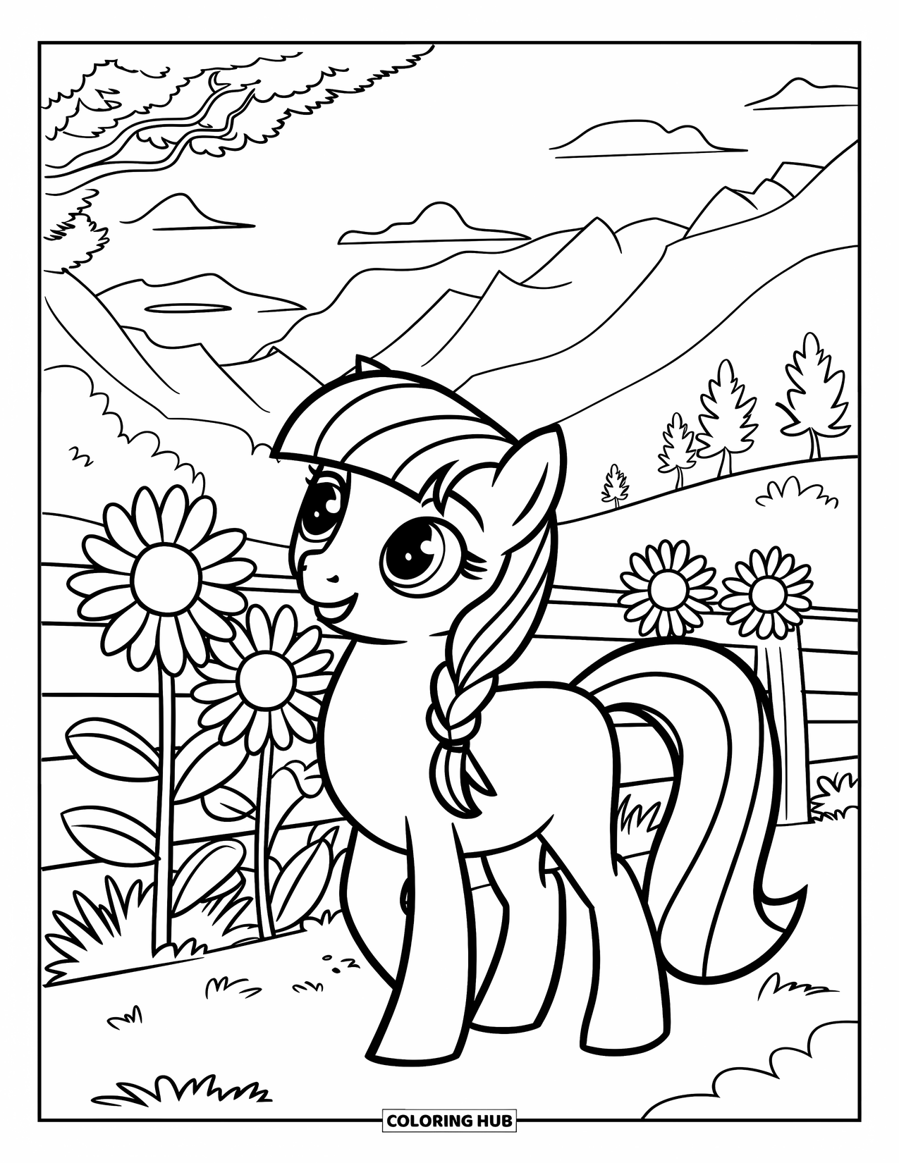 Pony Ausmalbild für Kinder: Ein Pony mit einem Zopf steht in der Nähe von Sonnenblumen und einem Bergblick