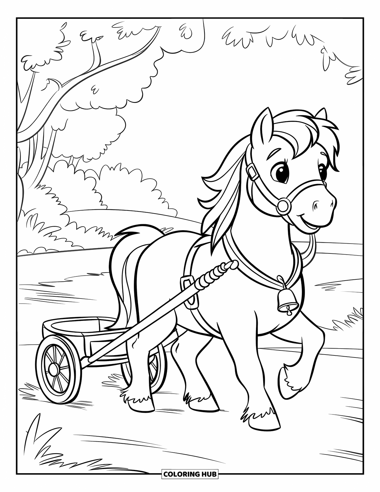 Pony Ausmalbild für Kinder: Ein Pony mit einem Zaumzeug zieht einen kleinen Wagen durch ein grasbewachsenes Feld