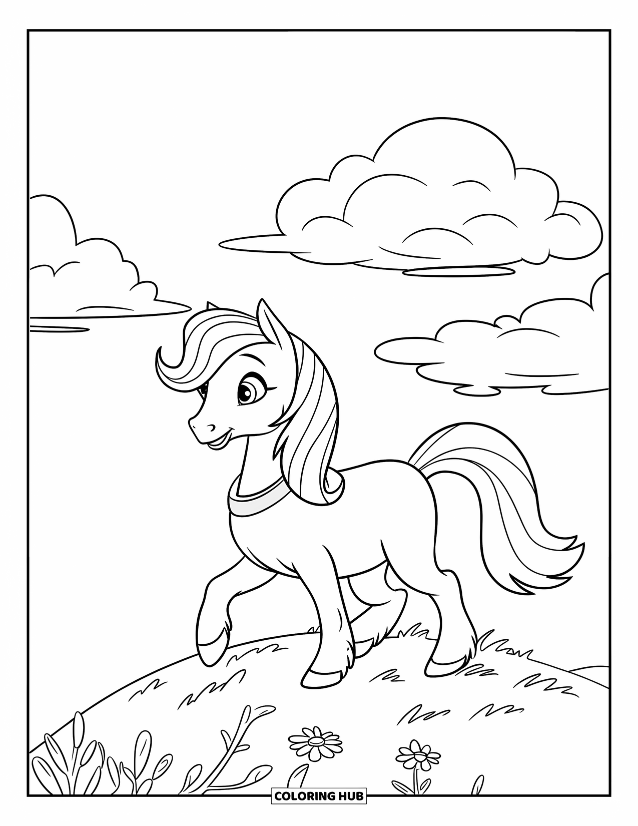 Pony Ausmalbild für Kinder: Ein Pony mit einem Halsband geht einen Hügel mit Blumen und Wolken entlang