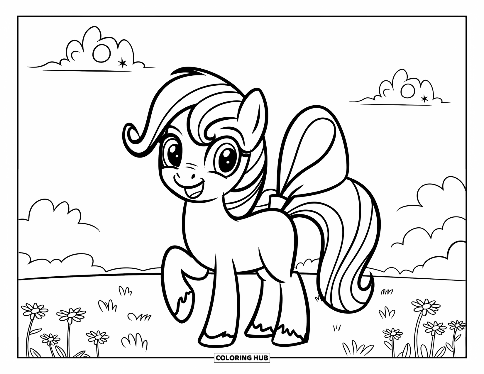 Pony Ausmalbild für Kinder: Ein Pony mit einer süßen Schleife steht auf Gras mit Blumen und Wolken darüber