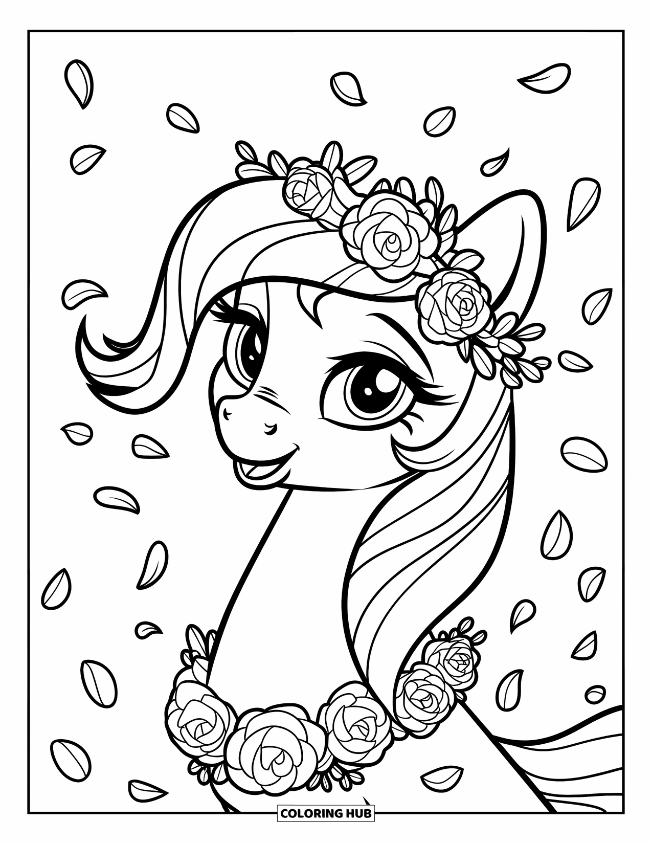 Pony Ausmalbild für Kinder: Ein Pony mit einem Blumenkranz neigt seinen Kopf, während Blütenblätter es sanft umgeben