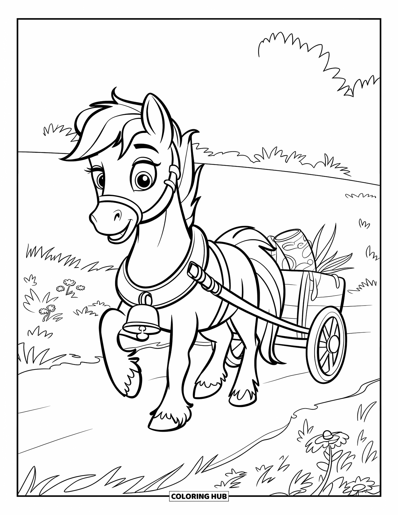 Pony Ausmalbild für Kinder: Ein Pony mit einem Halfter zieht einen kleinen Wagen durch ein Blumenfeld