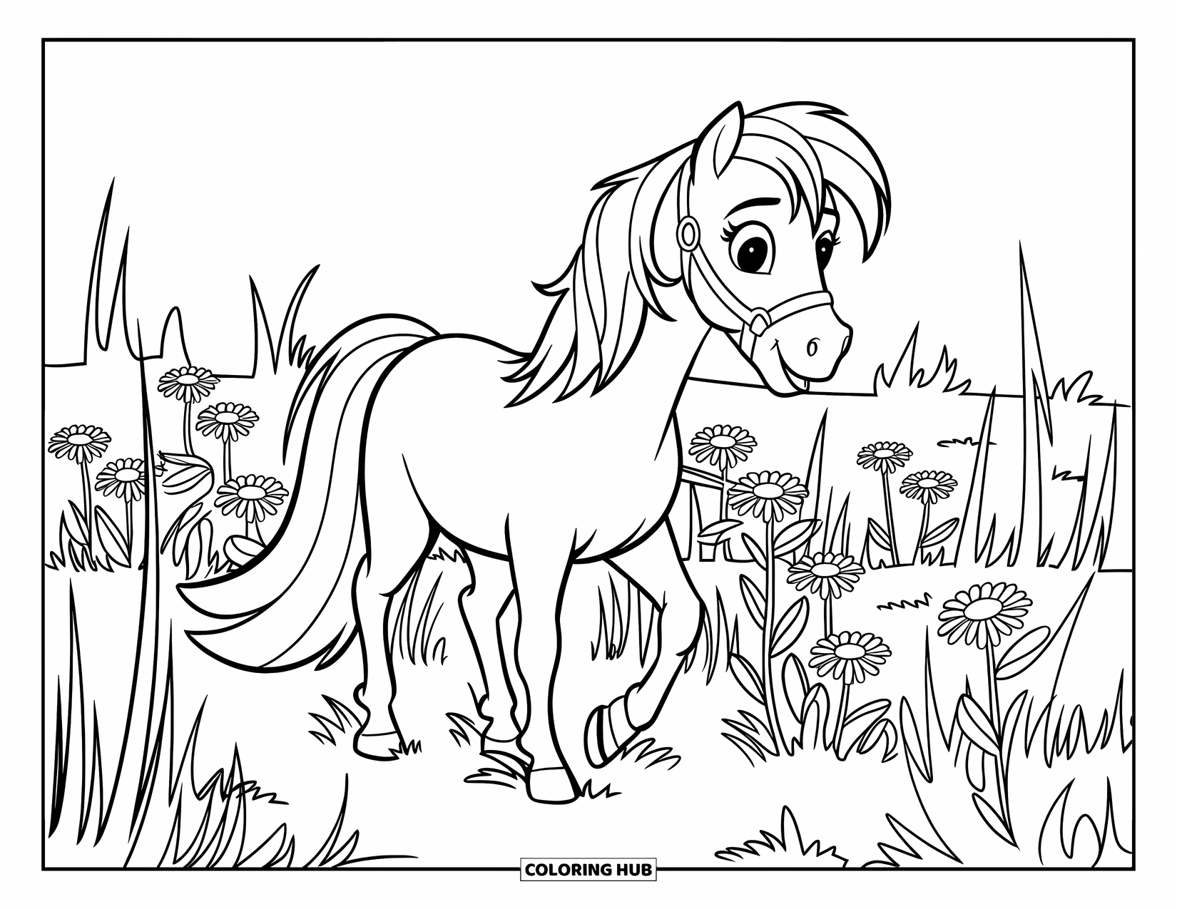 Pony Ausmalbild für Kinder: Ein Pony mit einem Halfter geht durch hohes Gras und fröhliche Gänseblümchen