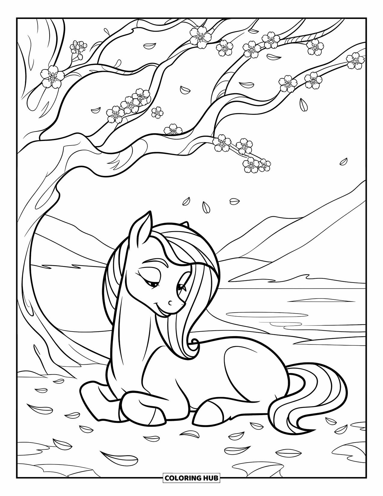 Pony Ausmalbild für Kinder: Ein Pony mit einer rosa Mähne liegt unter einem blühenden Kirschbaum mit Blütenblättern ringsum